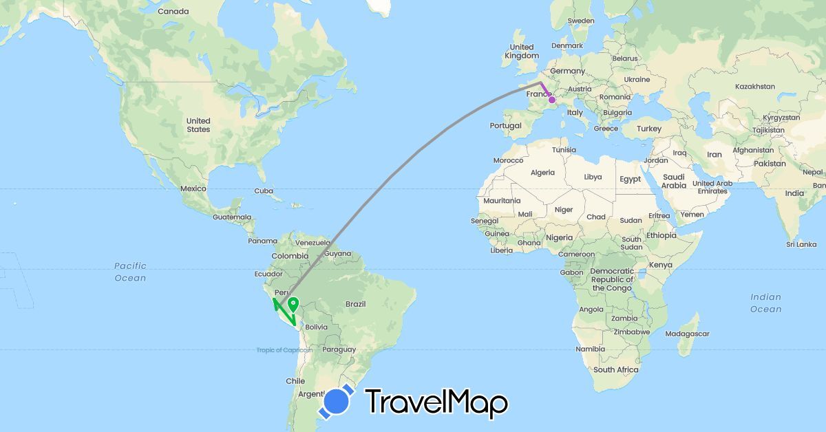 TravelMap itinerary: bus, plane, train, hiking in France, Peru (Europe, South America)